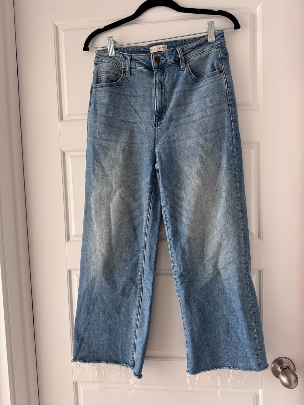 High-Rise Light Blue Wide Leg Jeans with Frayed Hem By Oliver Logan